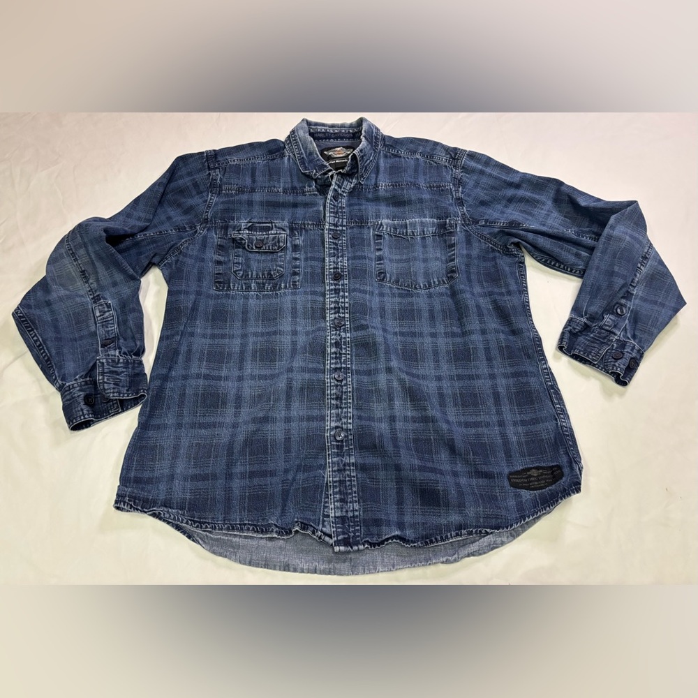 Harley Davidson Shirt Mens XL Blue Plaid Skull Button Up Long Sleeve Biker